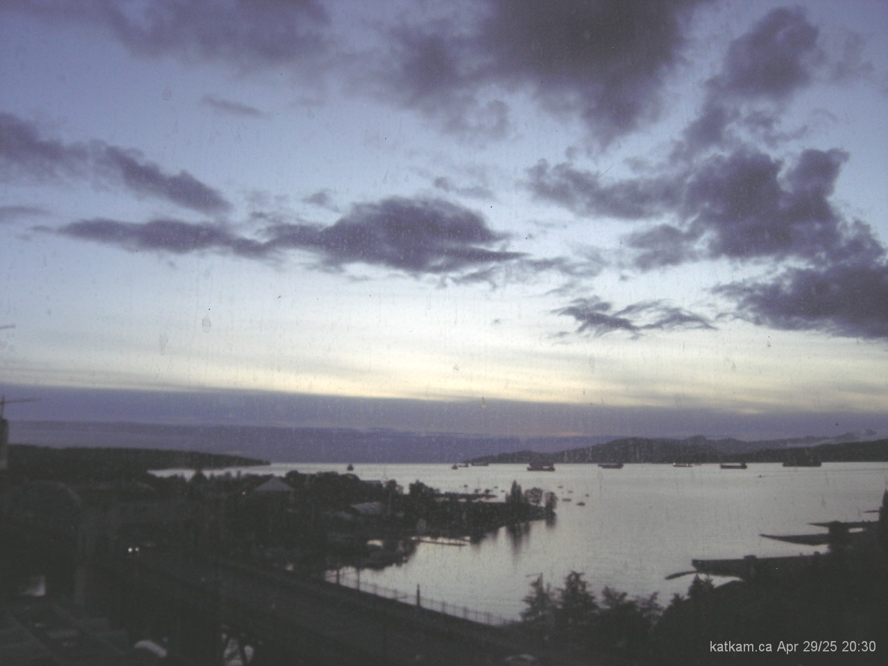 Click for a larger Vancouver BC webcams image facing toward English Bay, the mouth of False Creek and the Burrard Bridge